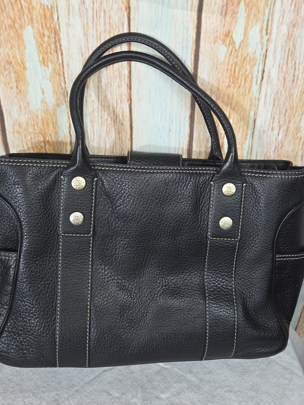 Vintage Michael Kors Black Pebbled Leather Satchel Tote Bag White Stitching Y2K